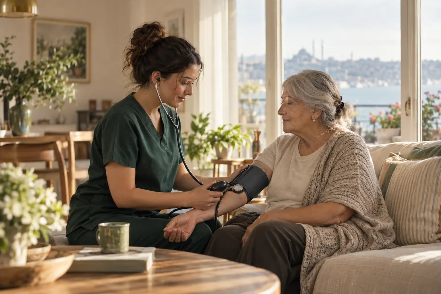 Evinde yaşlı bir hanımın tansiyonunu ölçen hemşire