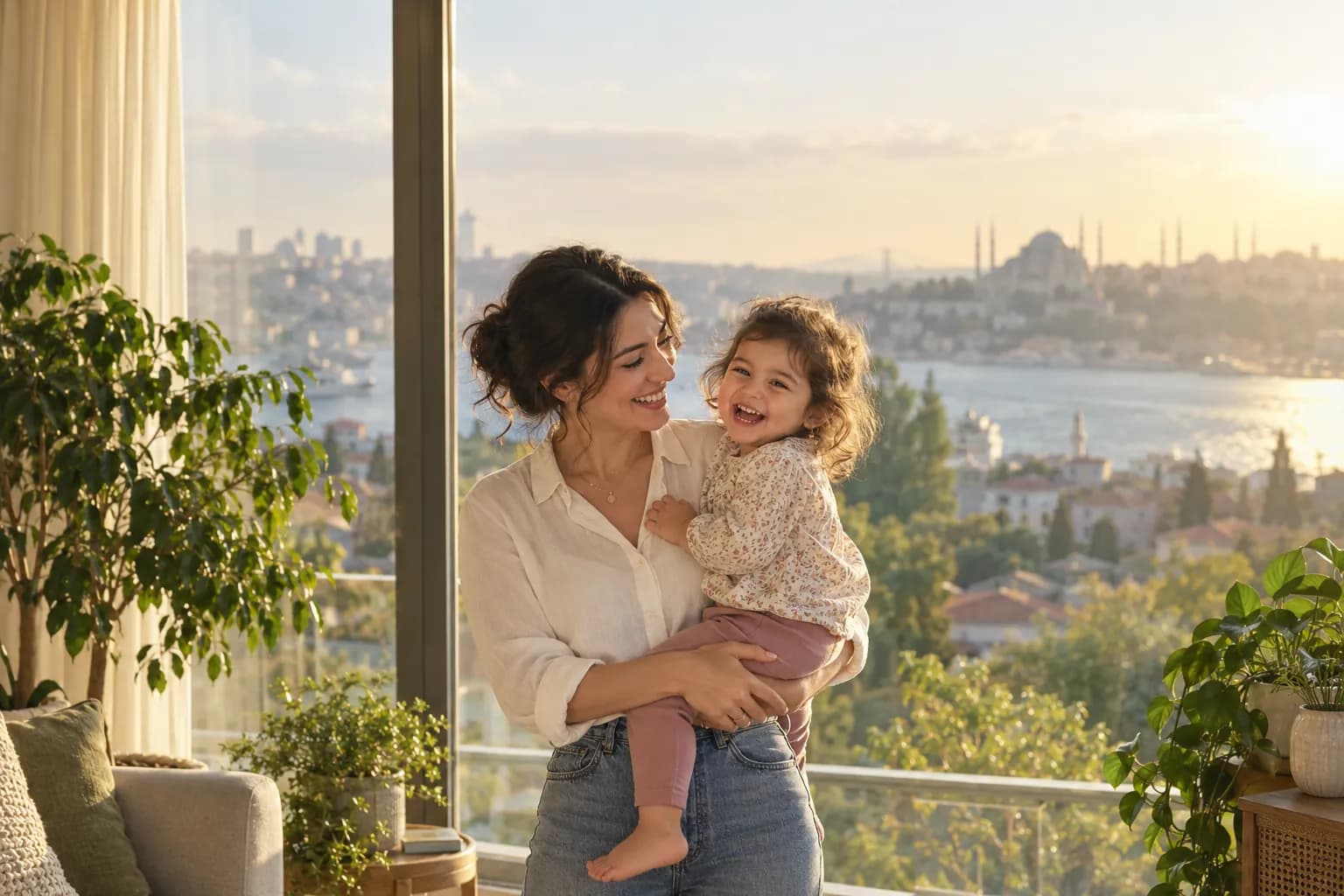 Boğaz manzaralı evinde küçük kızını kucağında tutan gülümseyen bir anne